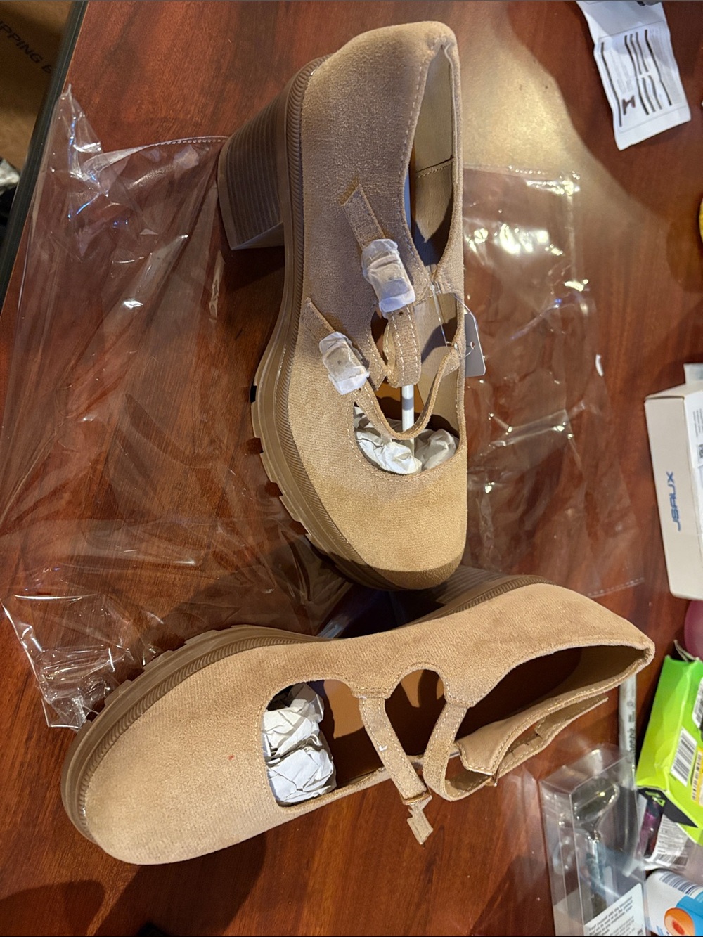 NWT Women's Tan Suede Mary Jane Block Heel size 38